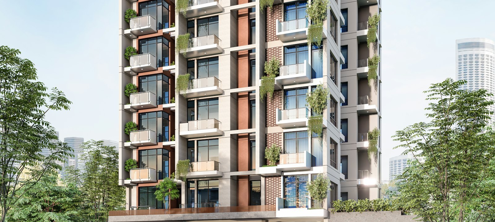 A residential tower with planted balconies and a brick and stone facade